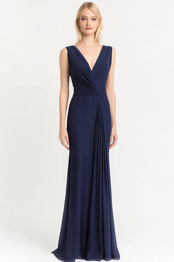 Navy Sheath V-Neck Chiffon Pleated Long Formal Dress
